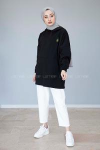 Modalamelif Kapşonlu Ananas Nakışlı Sweatshirt Siyah