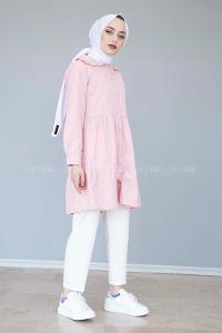 Modalamelif Yaka Fırfırlı Pileli Tunik Pudra