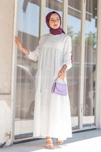 Modalamelif Hakim Yaka Kol Lastikli Elbise Beyaz