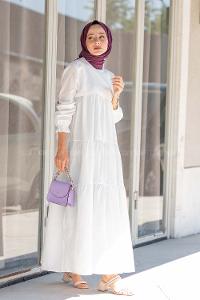 Modalamelif Hakim Yaka Kol Lastikli Elbise Beyaz