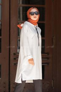 Modalamelif Kapşonlu İmza Baskılı Uzun Sweat Beyaz