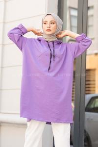 Modalamelif Kapşonlu İmza Baskılı Uzun Sweat Mor