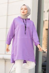Modalamelif Kapşonlu İmza Baskılı Uzun Sweat Mor