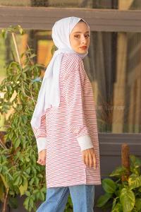 Modalamelif Yaka Nakışlı Çizgili Sweat Pembe