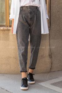 Modalamelif Yüksek Bel Çift Düğmeli Mom Jean Füme