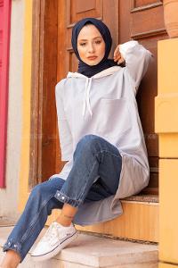 Modalamelif Kapşonlu Garnili Uzun Sweat Açık Mavi