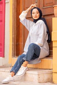 Modalamelif Kapşonlu Garnili Uzun Sweat Açık Mavi