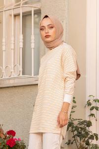 Modalamelif Yaka Nakışlı Çizgili Sweat Hardal Sarısı