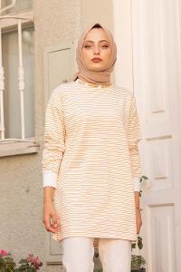 Modalamelif Yaka Nakışlı Çizgili Sweat Hardal Sarısı