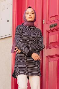 Modalamelif Yaka Nakışlı Çizgili Sweat Siyah