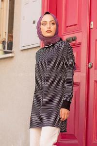 Modalamelif Yaka Nakışlı Çizgili Sweat Siyah