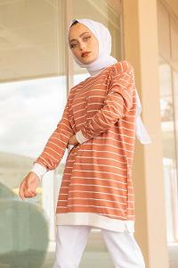 Modalamelif Bisiklet Yaka Çizgili Sweatshirt Gül