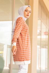 Modalamelif Bisiklet Yaka Çizgili Sweatshirt Gül