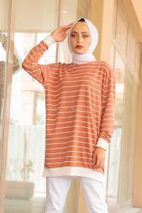 Modalamelif Bisiklet Yaka Çizgili Sweatshirt Gül