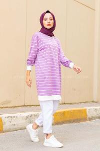 Modalamelif Bisiklet Yaka Çizgili Sweatshirt Lila