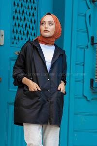 Modalamelif Kol Lastikli Kapşonlu Kap Siyah