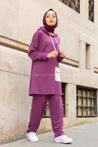 Modalamelif Kapşonlu Garni Cepli İkili Takım Mor