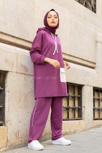 Modalamelif Kapşonlu Garni Cepli İkili Takım Mor