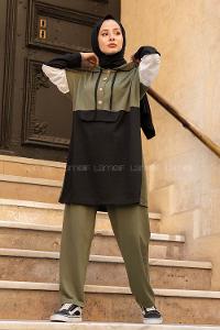 Modalamelif Önü Yarım Düğmeli Garnili Takım Haki