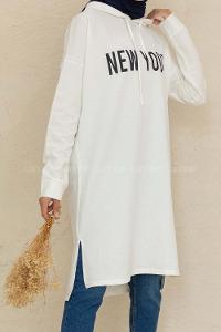 Modalamelif Yırtmaçlı New Youth Baskılı Tunik Beyaz