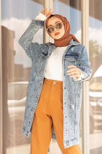 Modalamelif Çift Cepli Tırnaklı Yıkamalı Kot Ceket Buz Mavisi