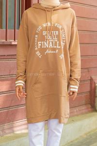 Modalamelif Greather Yazı Baskılı Sweat Tunik Sütlü Kahve