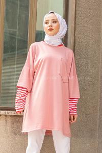 Modalamelif Kol Garnili Tek cepli Sweatshirt Pudra