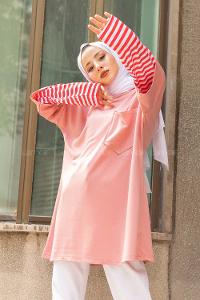 Modalamelif Kol Garnili Tek cepli Sweatshirt Pudra