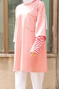 Modalamelif Kol Garnili Tek cepli Sweatshirt Pudra