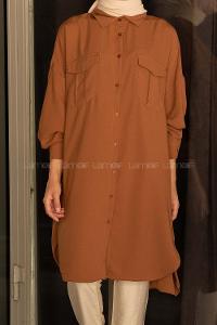 Modalamelif Önü Düğmeli Çift Cepli Gömlek Kahve