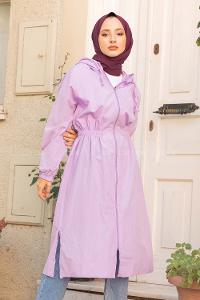 Modalamelif Önü Fermuarlı Bel Lastikli Dakron Trenç Lila