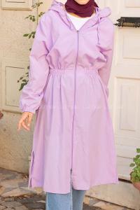 Modalamelif Önü Fermuarlı Bel Lastikli Dakron Trenç Lila