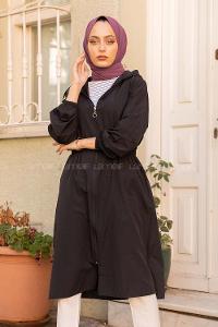 Modalamelif Önü Fermuarlı Bel Lastikli Dakron Trenç Siyah