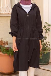 Modalamelif Önü Fermuarlı Bel Lastikli Dakron Trenç Siyah