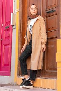 Modalamelif Önü Fermuarlı Bel Lastikli Dakron Trenç Sütlü Kahve