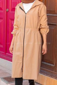 Modalamelif Önü Fermuarlı Bel Lastikli Dakron Trenç Sütlü Kahve