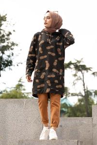 Modalamelif Ananas Baskı Kapşonlu  Sweatshirt Acı Kahve