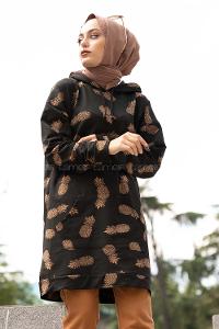 Modalamelif Ananas Baskı Kapşonlu  Sweatshirt Acı Kahve
