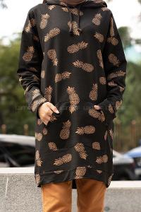 Modalamelif Ananas Baskı Kapşonlu  Sweatshirt Acı Kahve