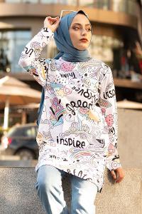 Modalamelif Bisiklet Yaka  Desenli Sweatshit Ekru