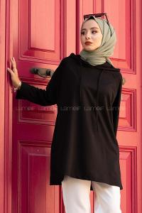 Modalamelif  Gizli Cepli Kapşonlu Sweatshirt Siyah