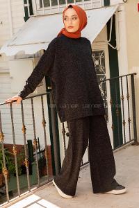 Modalamelif İnce Fitilli Bol Paça İkili Takım Siyah