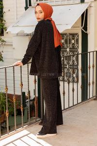 Modalamelif İnce Fitilli Bol Paça İkili Takım Siyah