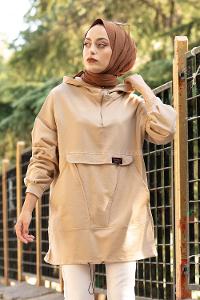 Modalamelif Kanguru Cep Armalı Sweatshirt Sütlü Kahve