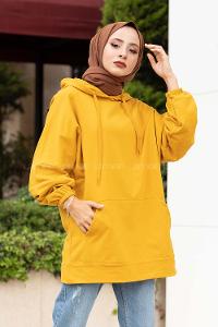 Modalamelif Kanguru Cepli Kapşonlu Sweatshirt Hardal Sarısı