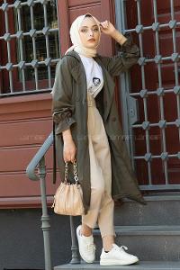 Lamelif Kol Lastikli Belden Bağlamalı Trenç Haki