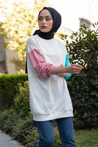 Modalamelif Kol Garnili Sweatshirt Pudra Turkuaz