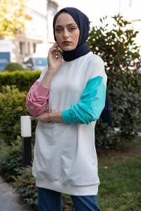 Modalamelif Kol Garnili Sweatshirt Pudra Turkuaz
