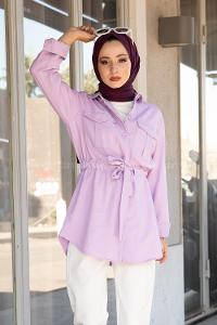 Modalamelif Önü Düğmeli Bel Bağlamalı Ceket Lila