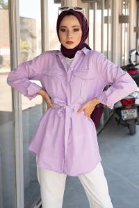 Modalamelif Önü Düğmeli Bel Bağlamalı Ceket Lila